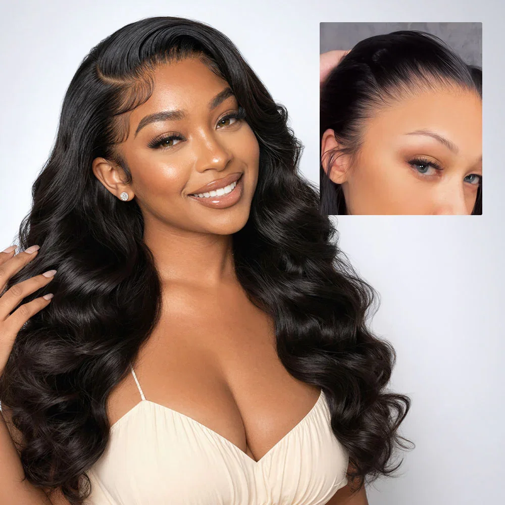 Megalook 13x6 Three-Go™ Glueless Body Wave Wig With Drawstring Natural Black 100% Human Hair Wig - Transparent Lace / 180% / 20 inch