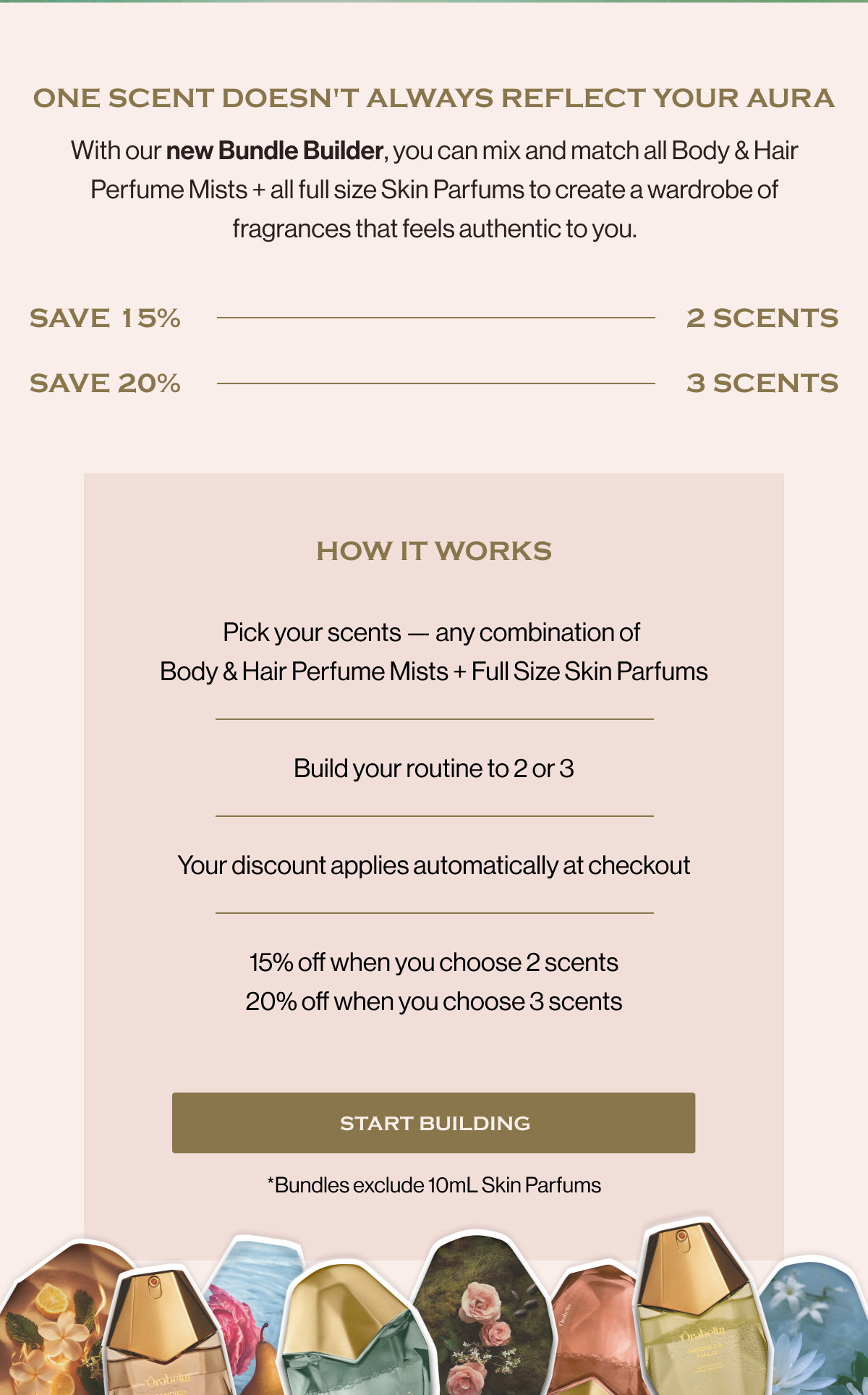 One scent doesn't always reflect your aura With our new Bundle Builder, you can mix and match all Body & Hair Perfume Mists + all full size Skin Parfums to create a wardrobe of fragrances that feels authentic to you. Save 15% 2 scents Save 20% 3 scents HOW IT WORKS Pick your scents — any combination of  Body & Hair Perfume Mists + Full Size Skin Parfums Build your routine to 2 or 3 Your discount applies automatically at checkout 15% off when you choose 2 scents 20% off when you choose 3 scents START BUILDING *Bundles exclude 10mL Skin Parfums