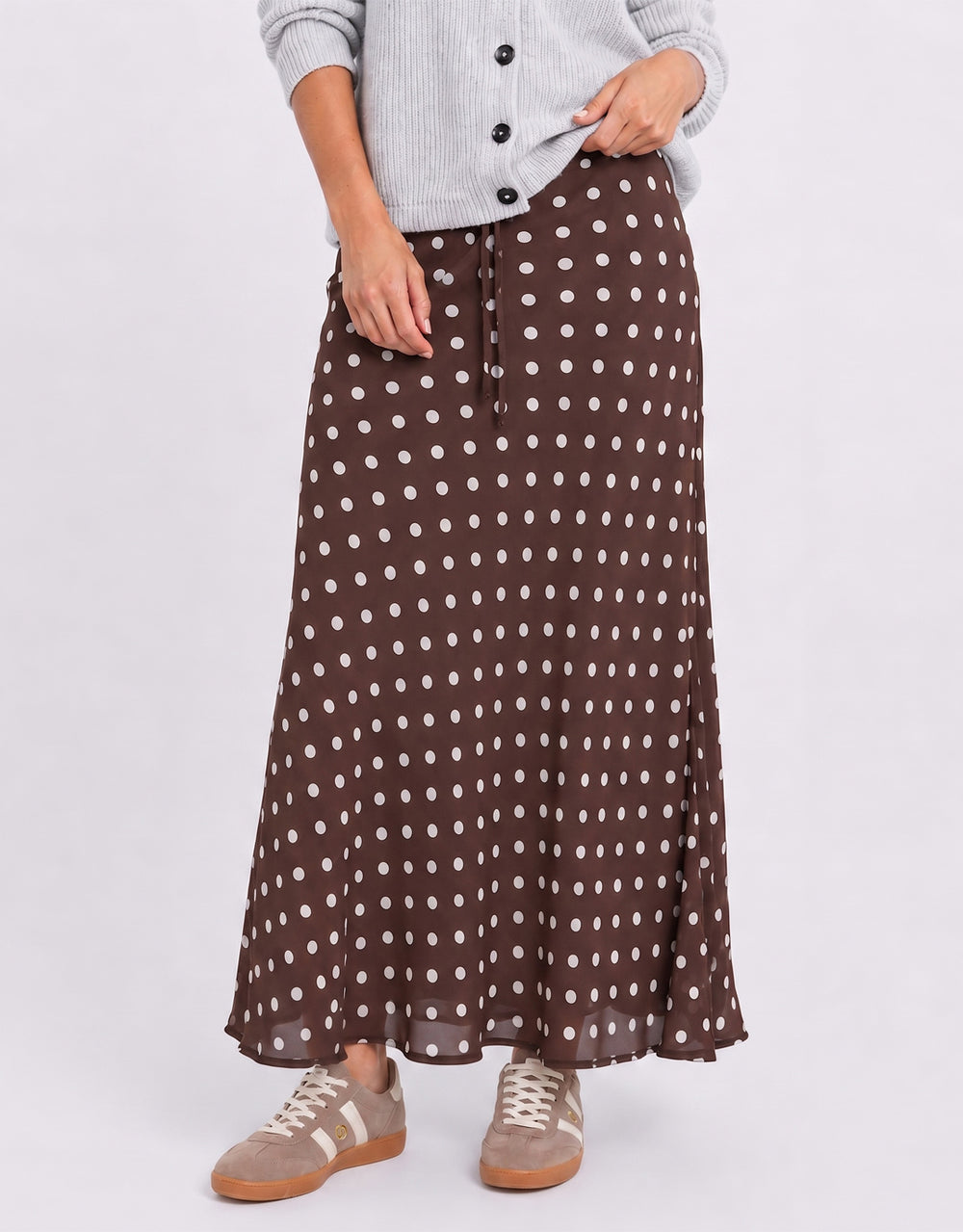Rally Georgette Bias Cut Maxi Skirt - Chocolate Polka Dot