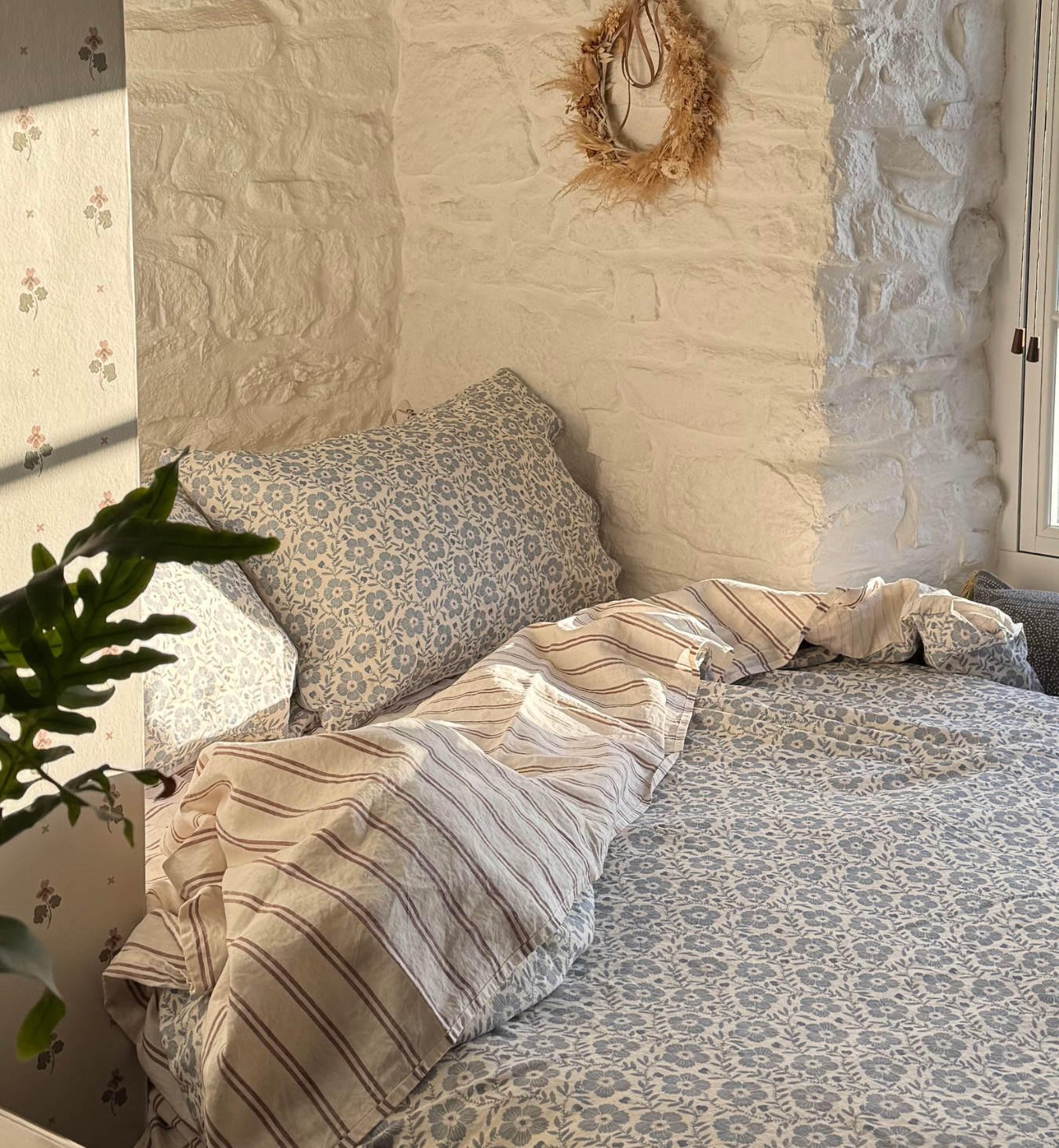 Dusk Blue Folk Floral Linen Blend Duvet Cover