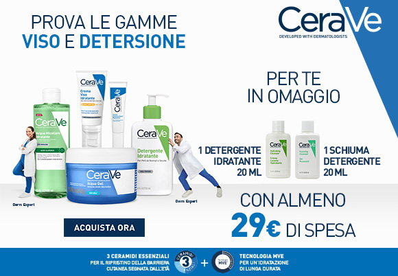 Cerave - Acquista 29€ di prodotti delle linee della selezione e ricevi in omaggio 1 Detergente Idratante 20 ml + 1 Schiuma Detergente 20 ml