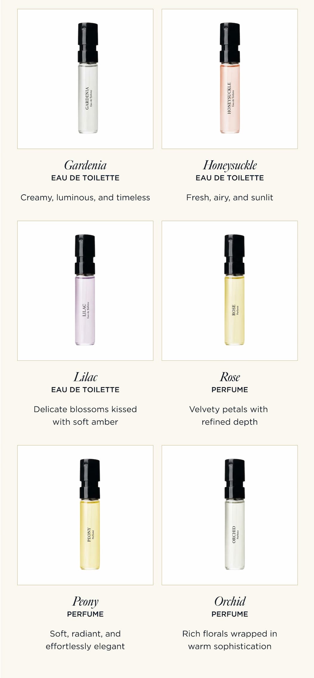 Gardenia Eau de Toilette — Creamy, luminous, and timeless Honeysuckle Eau de Toilette — Fresh, airy, and sunlit Lilac Eau de Toilette — Delicate blossoms kissed with soft amber Rose Perfume — Velvety petals with refined depth Peony Perfume — Soft, radiant, and effortlessly elegant Orchid Perfume — Rich florals wrapped in warm sophistication