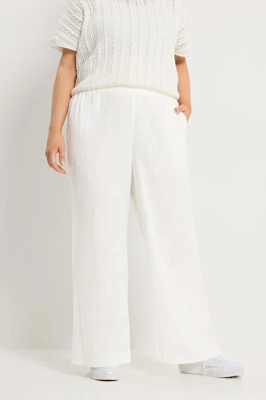 Image of YOURS Curve White Linen Wide Leg Trousers