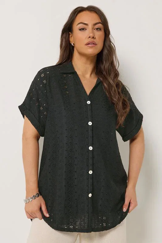 Image of YOURS Curve Black Broderie Anglaise Grown-On Sleeve Shirt