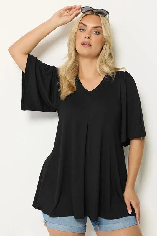 Image of YOURS Curve Black Pleat Angel Sleeve Swing Top