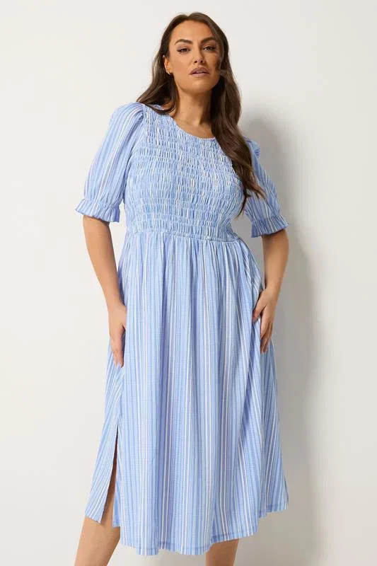 Image of YOURS Curve Blue Shirred Stripe Print Dress