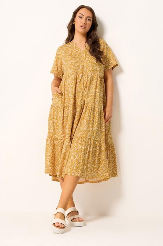 Image of YOURS Curve Gold Yellow Floral Tiered Maxi Dress