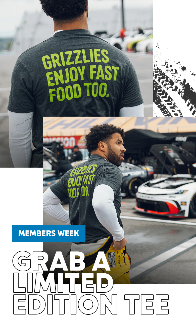 Two images of NASCAR driver Bubba Wallace in the racing parking lot, wearing his limited edition tee.