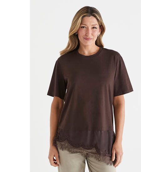 Short Sleeve Lace Hem Top - Chocolate