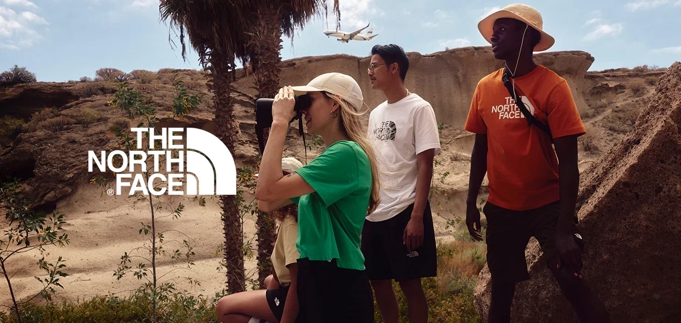 Grupo de cuatro personas al aire libre: una persona usando binoculares, vistiendo una camiseta verde y pantalones cortos negros. Los demás llevan camisetas y pantalones cortos. El fondo presenta rocas y vegetación.