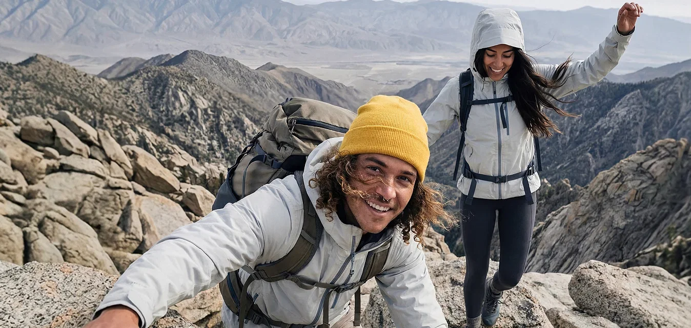 Dos senderistas con chaquetas y mochilas escalan un terreno rocoso en una montaña con cielos despejados y cordilleras lejanas.