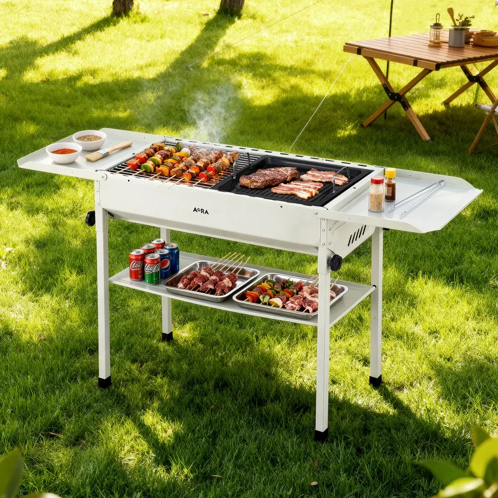 Portable BBQ Grill with Stainless Steel Racks & Pans for Outdoor