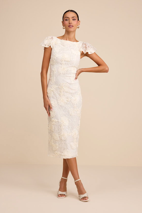 Image of Kenna Ivory Lace Flutter Sleeve Midi Dress
