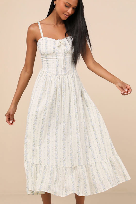 Image of Odilie Cream Floral Lace Sleeveless Midi Dress