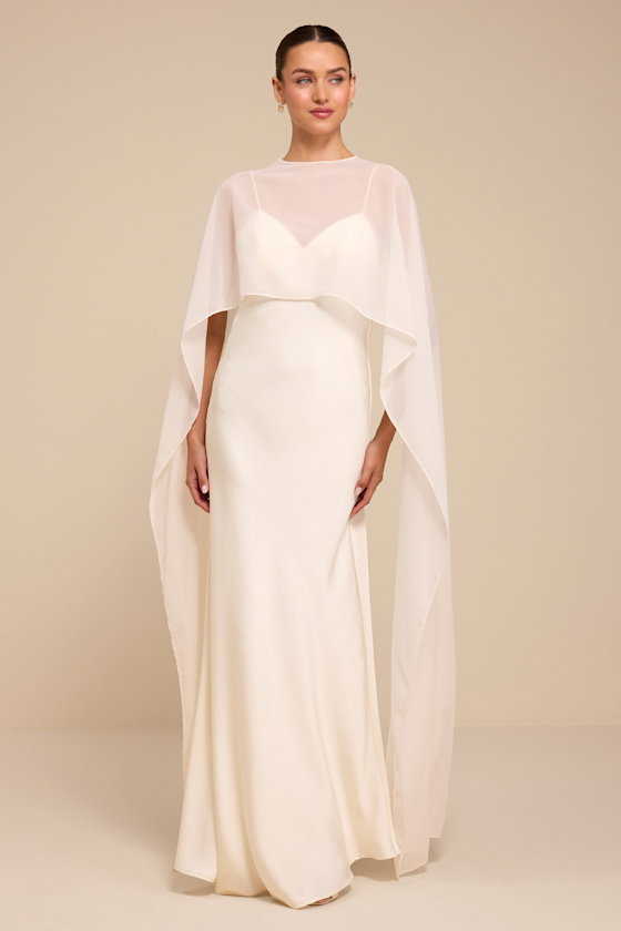 Image of Mercedes White Satin Cape Wedding Dress