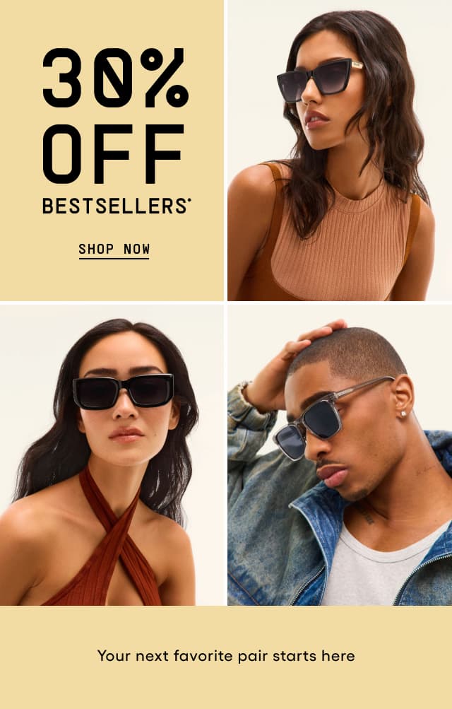 30% Off Bestsellers. Shop Now. Image of woman wearing square black sunglasses looking to the side. Image of woman wearing wide square black sunglasses looking forward. Image of man wearing square grey sunglasses with blue lenses looking down. Your next favorite pair starts here. 