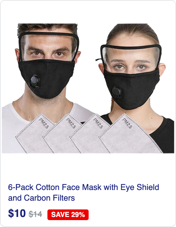 6-Pack Cotton Face Mask with Eye Shield and Carbon Filters