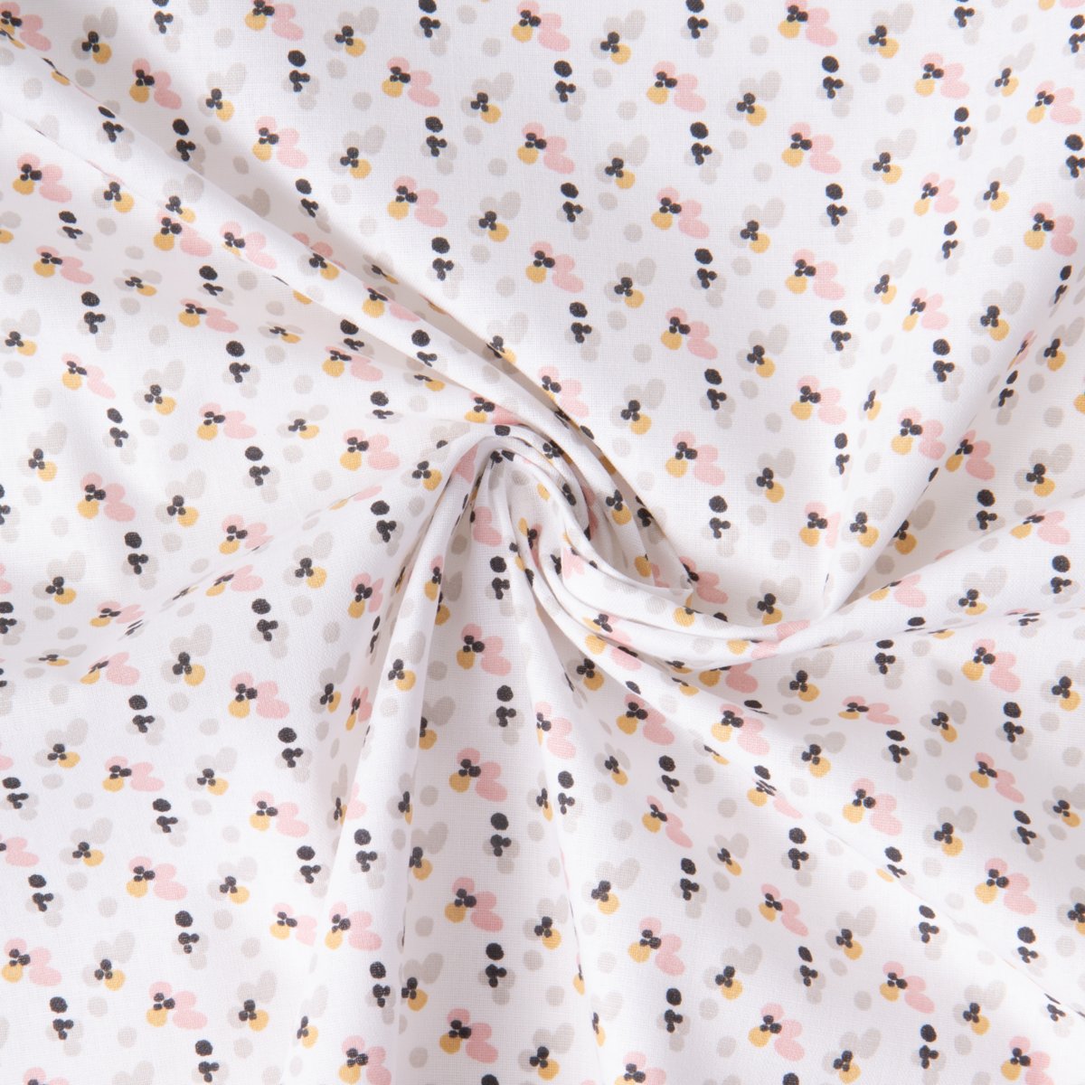 Tissu Coton imprimé Fimoa motifs abstraits rose pâle, jaune et noir sur fond Blanc