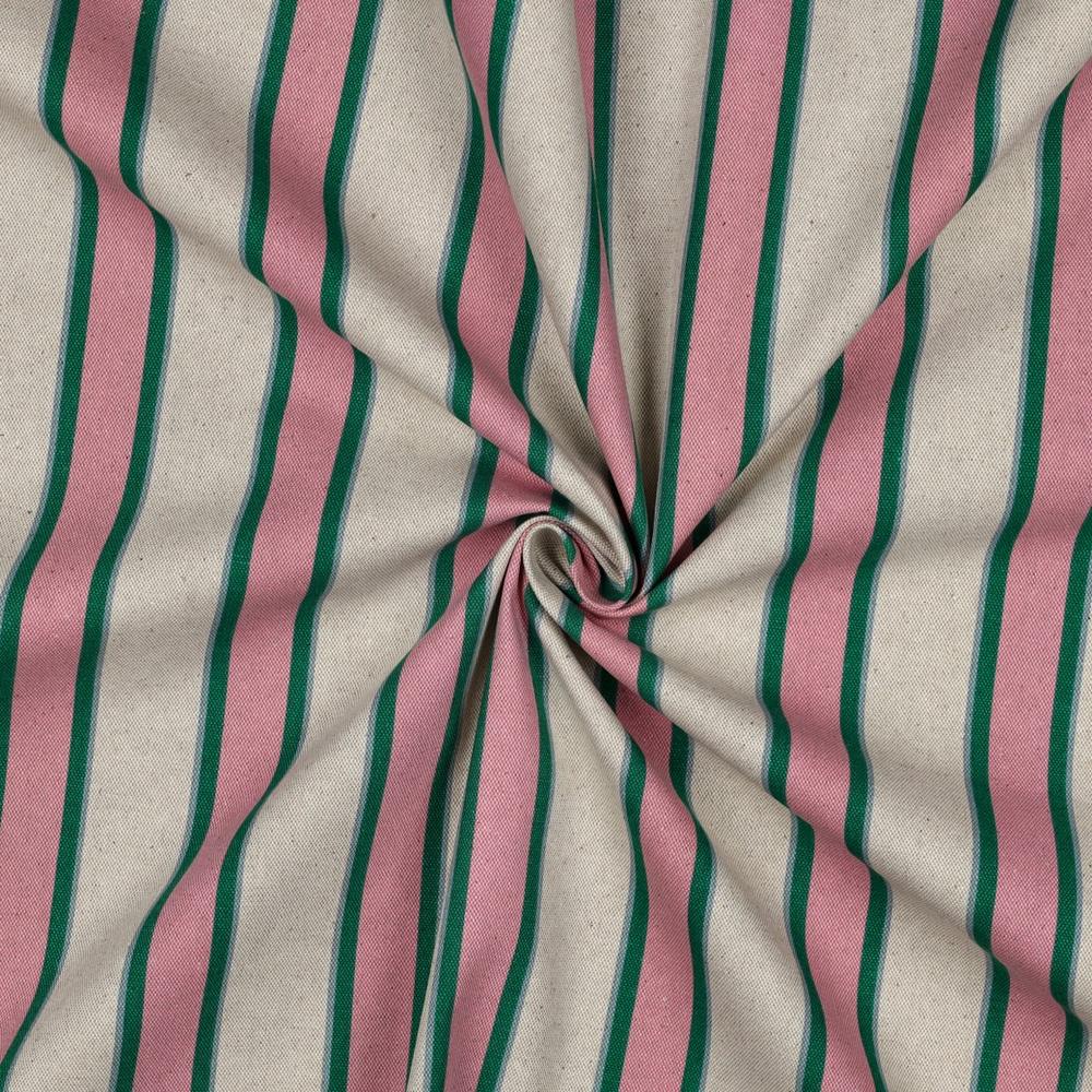 Tissu Toile Polycoton canvas aspect lin Lior rayures Rose et Vert sur fond Naturel