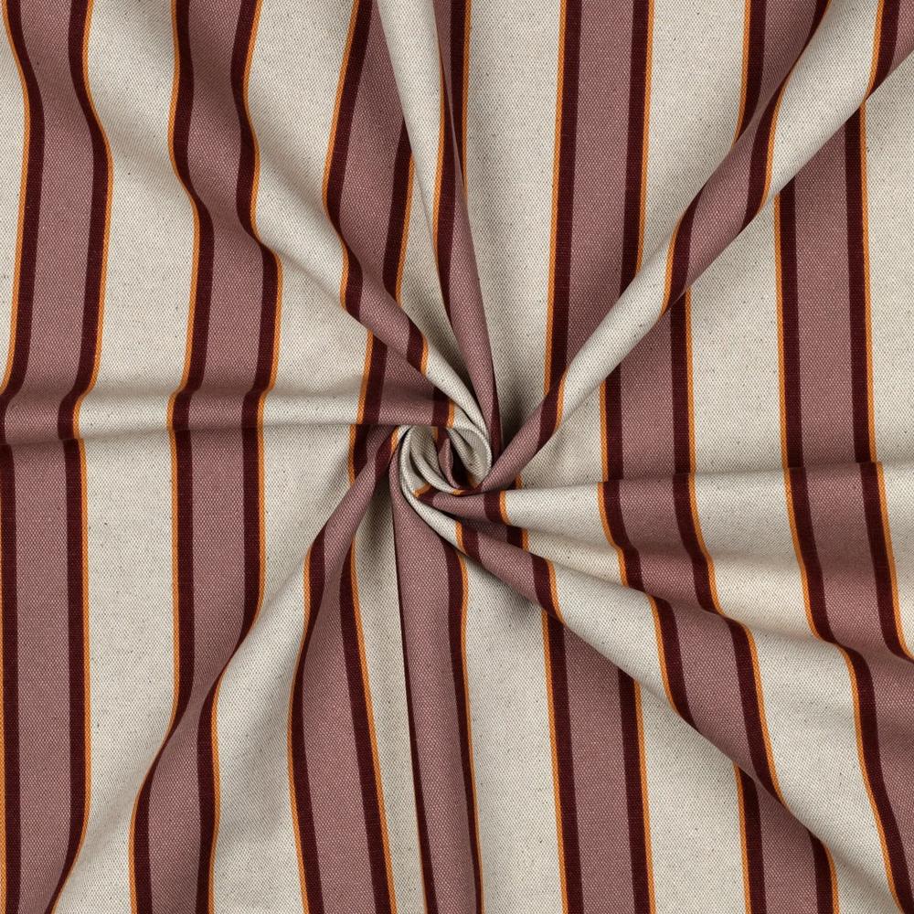 Tissu Toile Polycoton canvas aspect lin Lior rayures Vieux rose et Orange sur fond Naturel