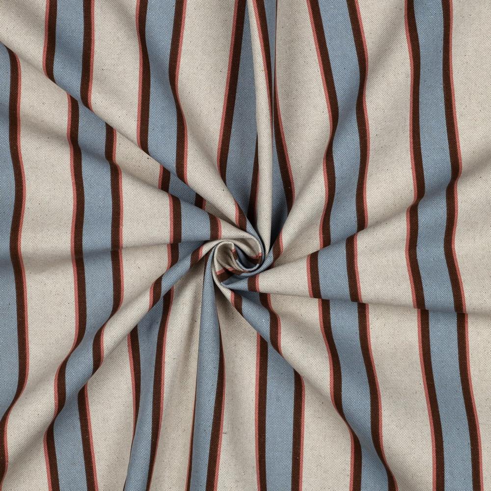 Tissu Toile Polycoton canvas aspect lin Lior rayures Bleu et Rouge sur fond Naturel 
