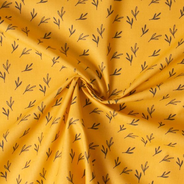 Tissu Coton imprimé Zefir motifs nature sur fond Jaune curcuma