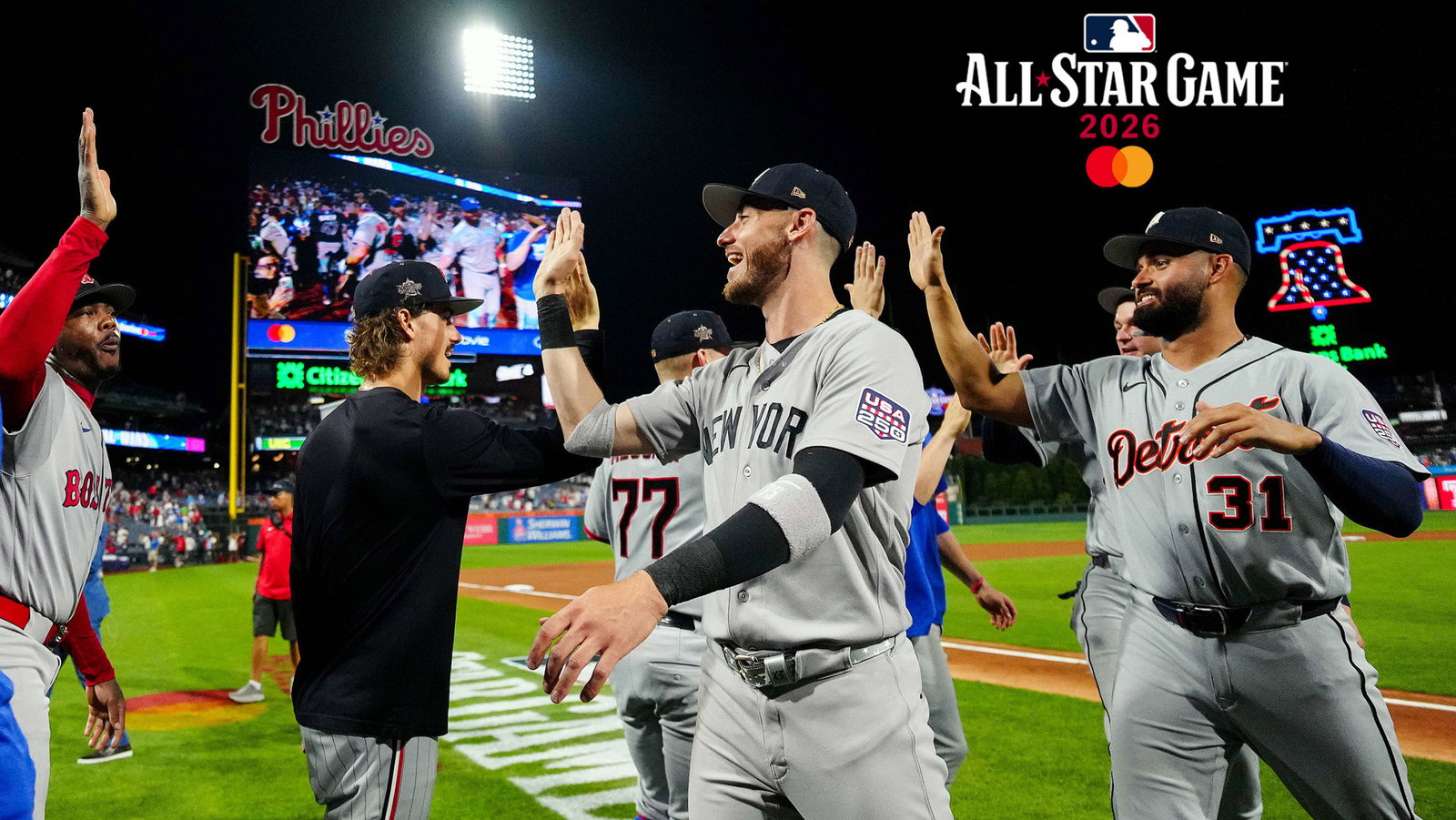 Cody Bellinger and other American League players celebrate their victory