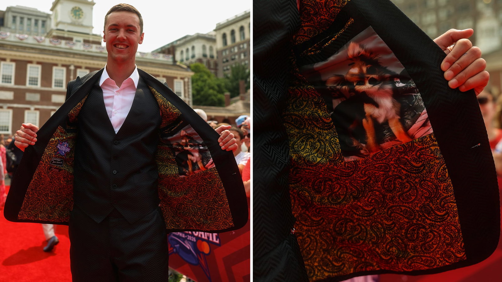 Jacob Misiorowski shows off pictures of his dog sewn into his suit jacket