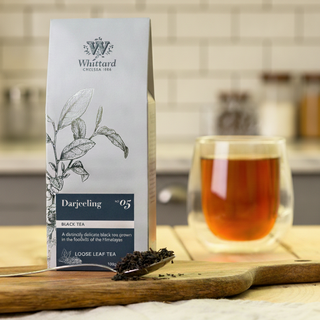 image of darjeeling tea pouch with made up drink
