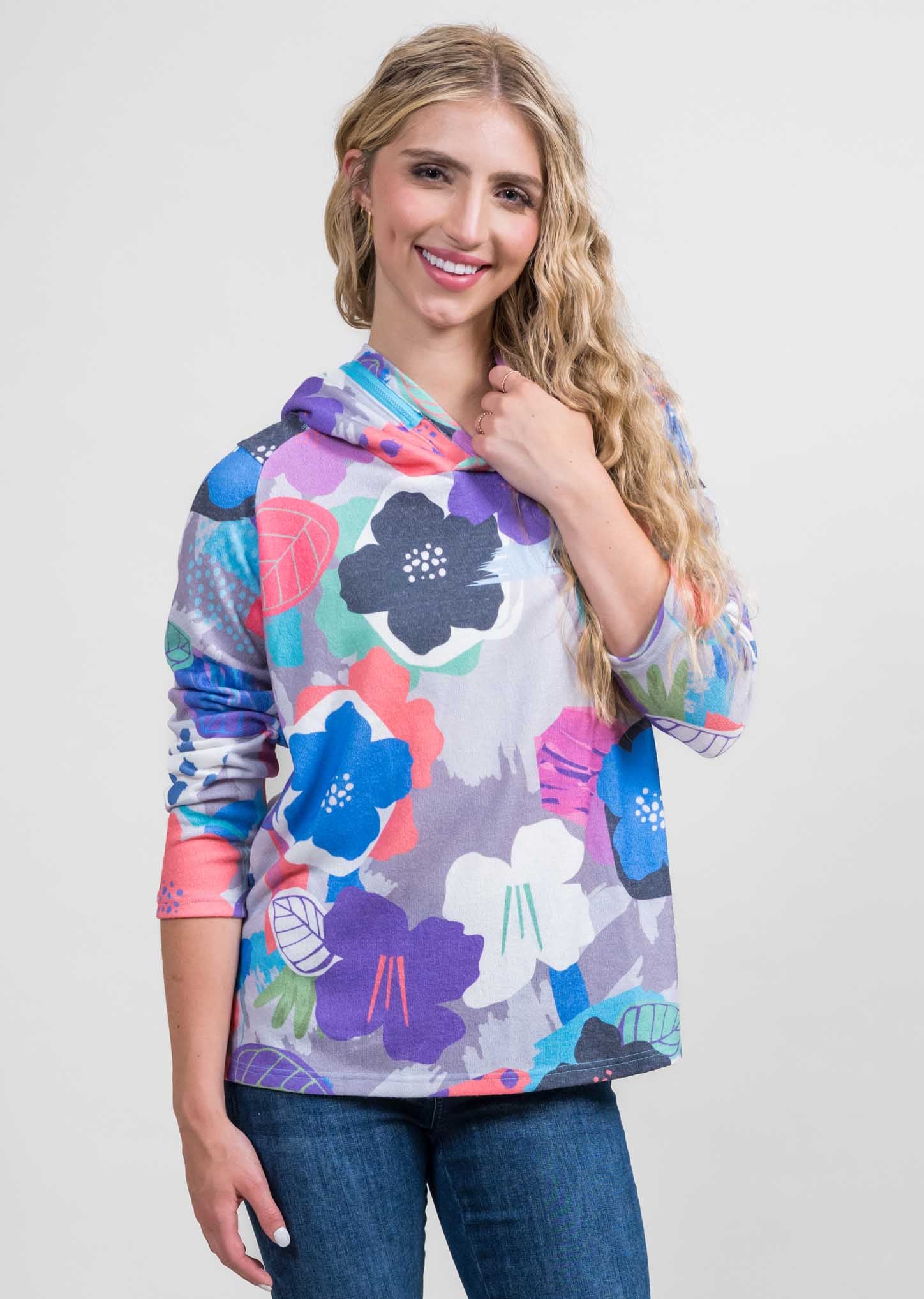 Grey/Coral Floral Print Crossover Neck Hoodie