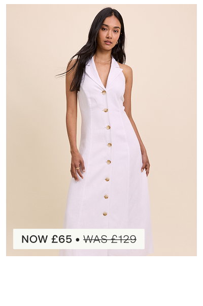 White Linen-Blend Halterneck Midi Dress