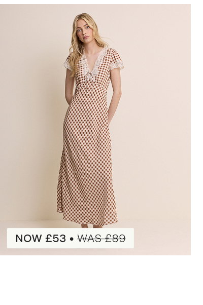 Brown Gingham Lace Trim Aida Midi Dress