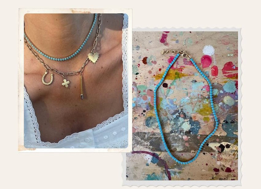 Two images of the Turquoise Tennis Necklace; one on model and one flat lay