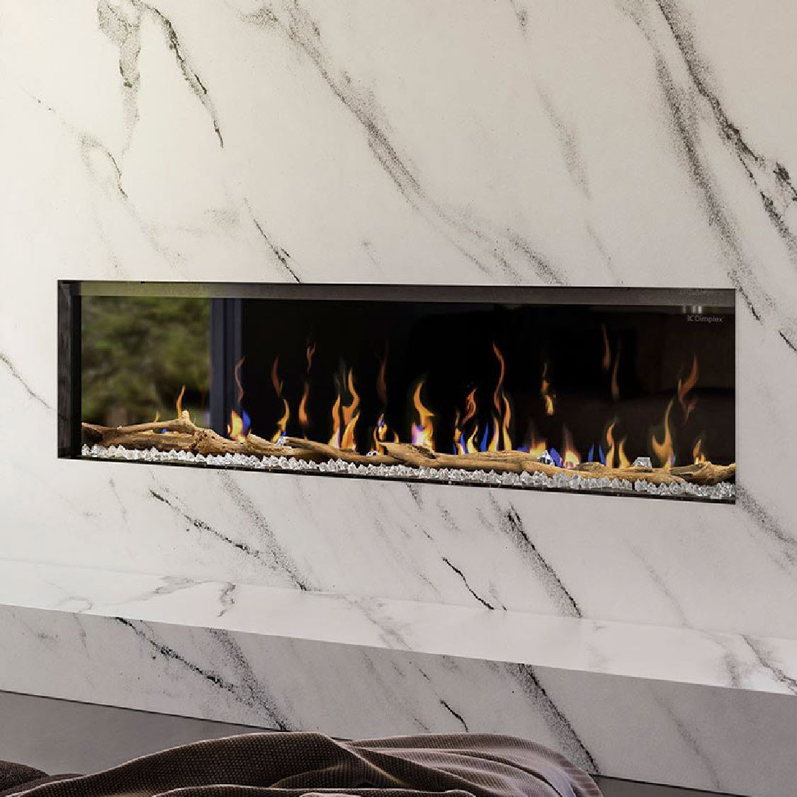 Modern fireplace in marble wall.