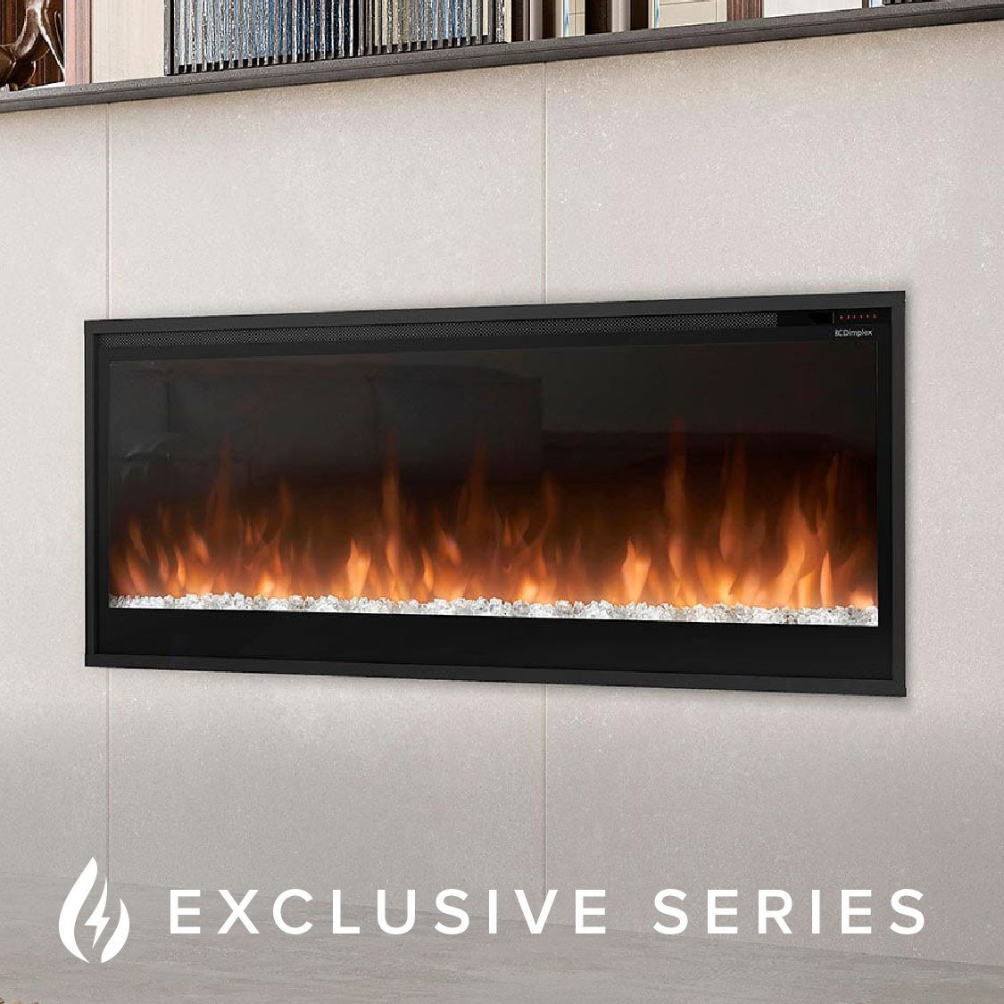 Modern electric fireplace with flames and crystals.