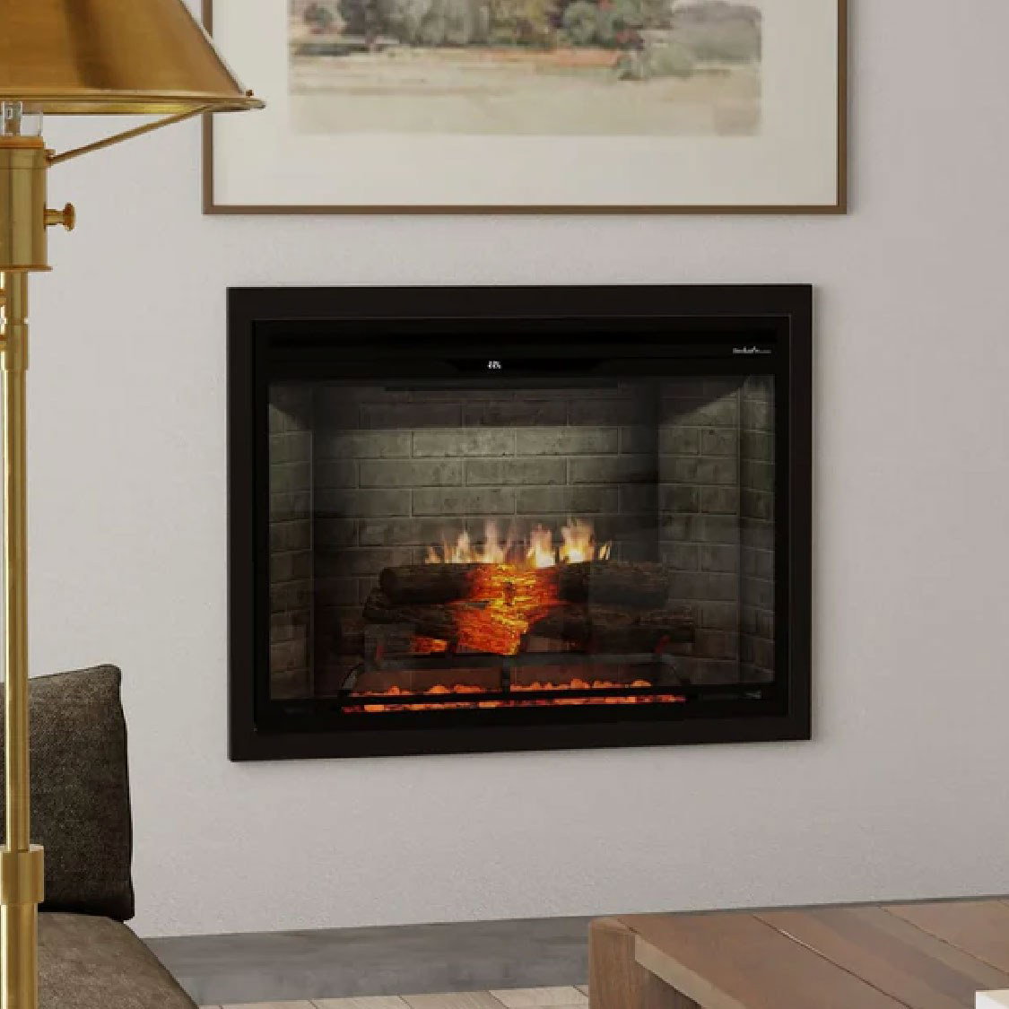 Modern living room with lit fireplace.