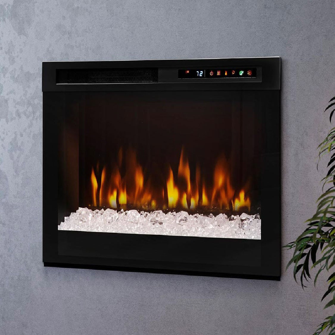Wall-mounted electric fireplace with flames.