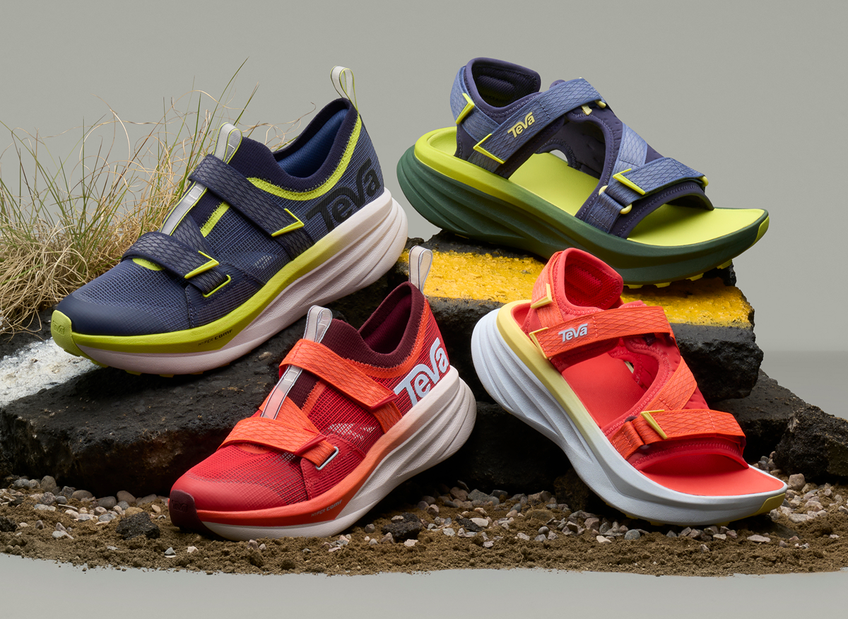 4 Aventrail shoes and sandals in different colours, resting on rocks and the ground