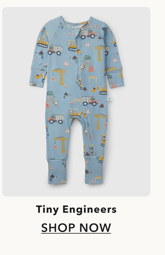 blue baby sleeper with dump trucks and cranes
