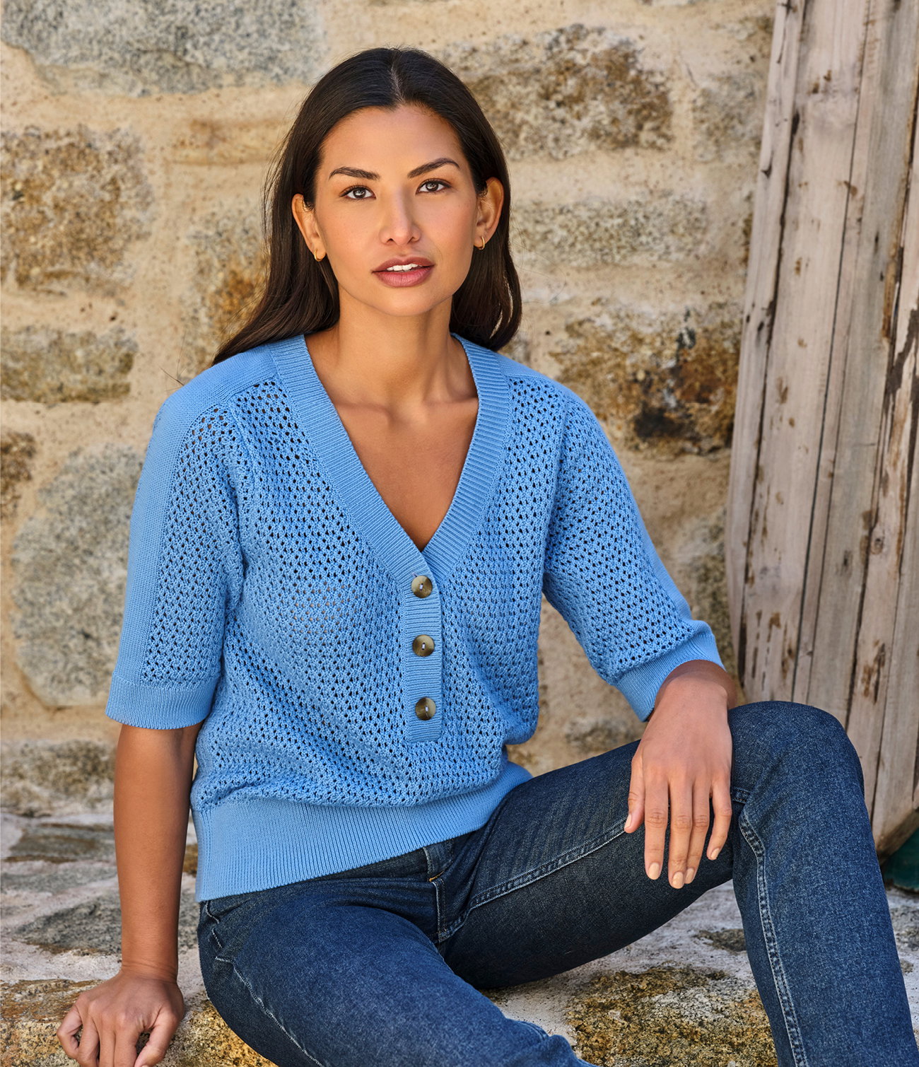 Cotton Mesh Button Neck Top