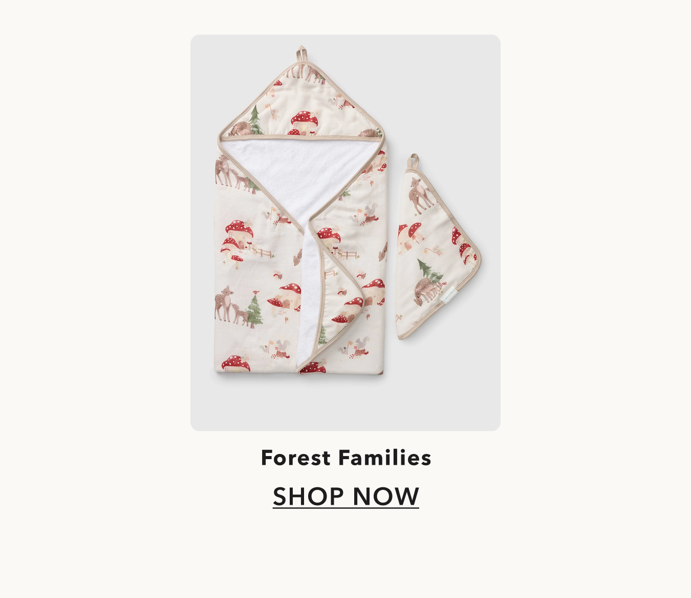 hooded towel and face cloth with red mushrooms and deer