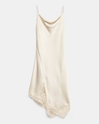 Ivory Satin Cowl Neck Lace Insert Midi Slip Dress