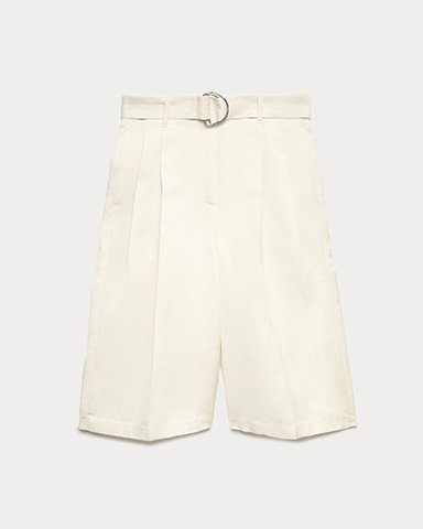 Ivory Linen Blend High Waisted Belted Bermuda Shorts