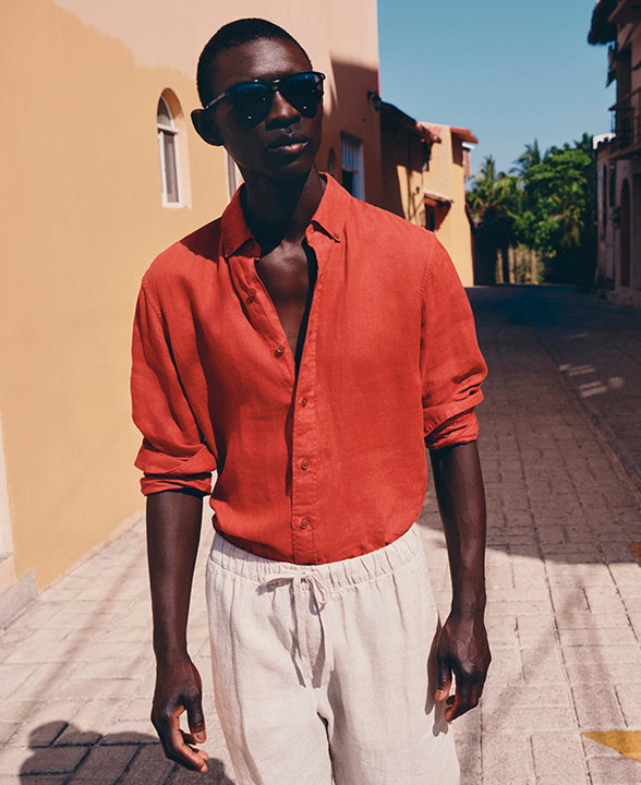 Man wearing Medium Red Pure Linen Garment Dye Shirt