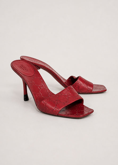 Gucci - Red Embossed Monogram Mule Heel Sandals Sz 7.5