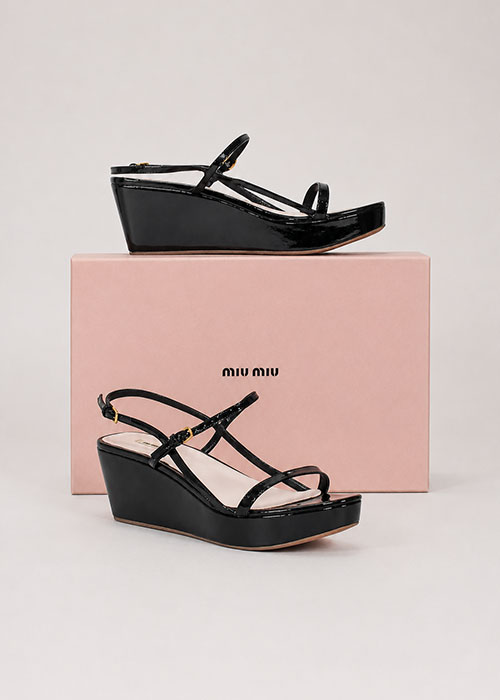 Miu Miu - Black Patent Leather Platform Wedge Sandals Sz 9.5