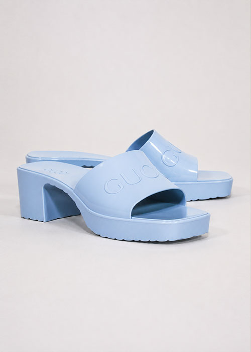 Gucci - Light Blue Rubber Logo Platform Slide Sandals Sz 11