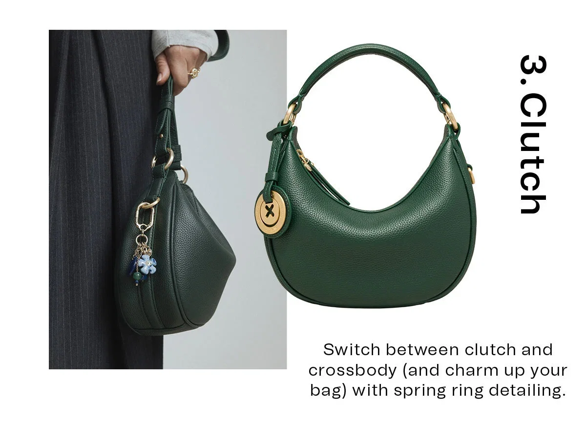 3. Clutch | Switch between clutch and crossbody (and charm up your bag) with spring ring detailing.
