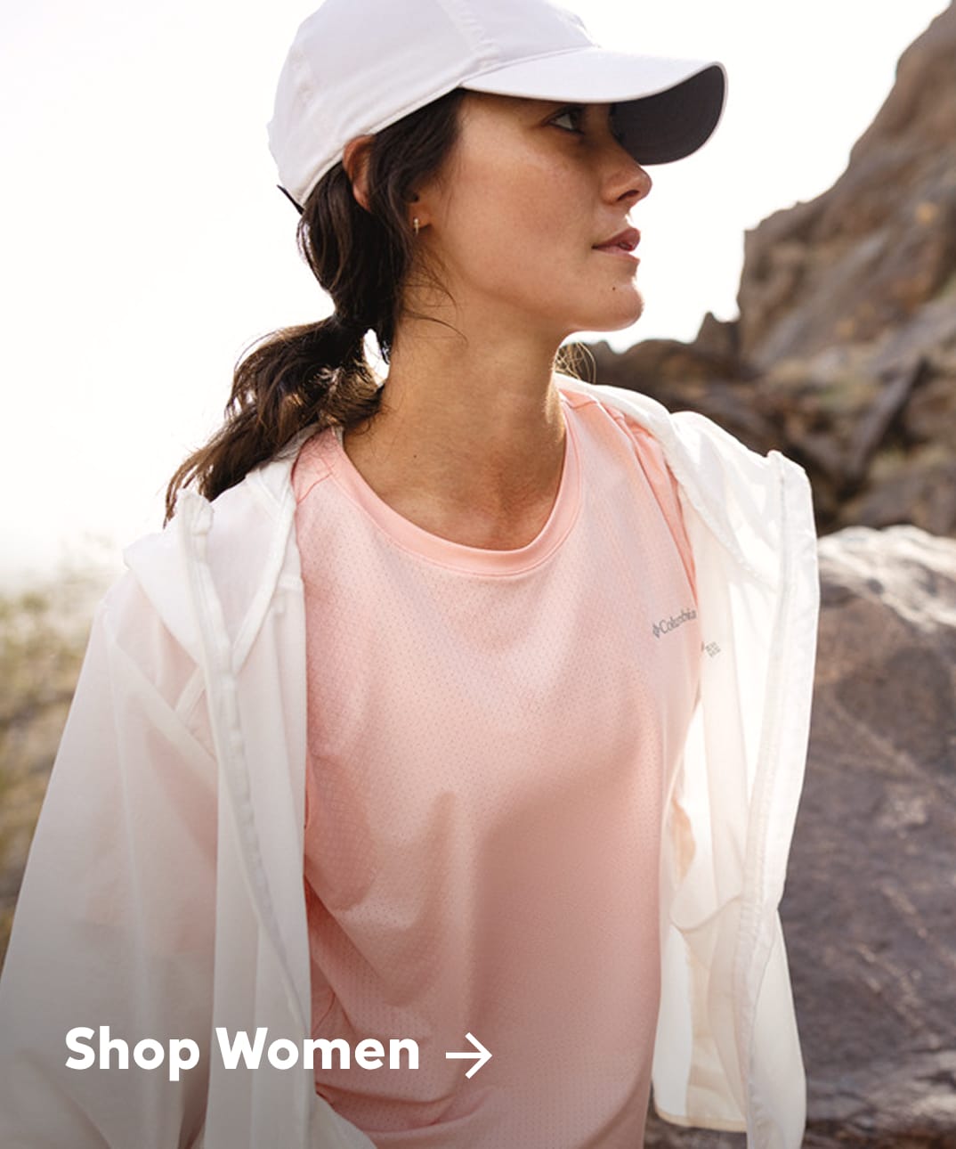 A woman in hiking gear against a rocky landscape with text: Shop Women