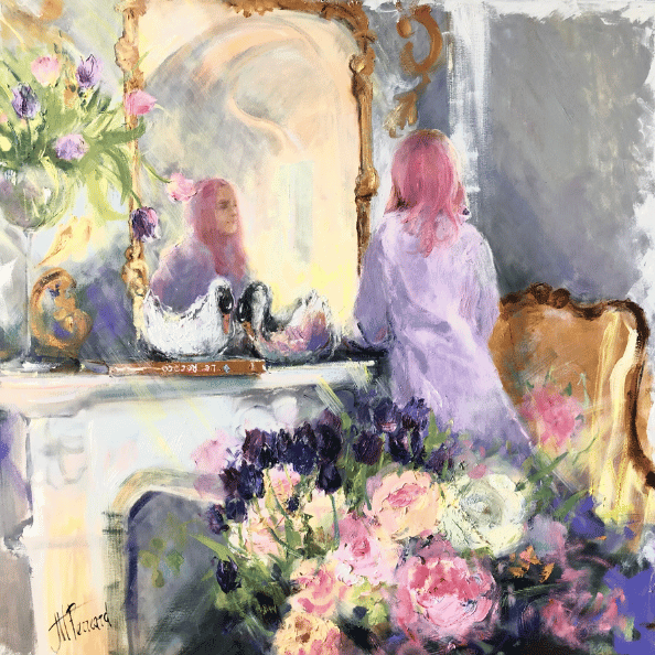 Dreamy painting women looking in mirror